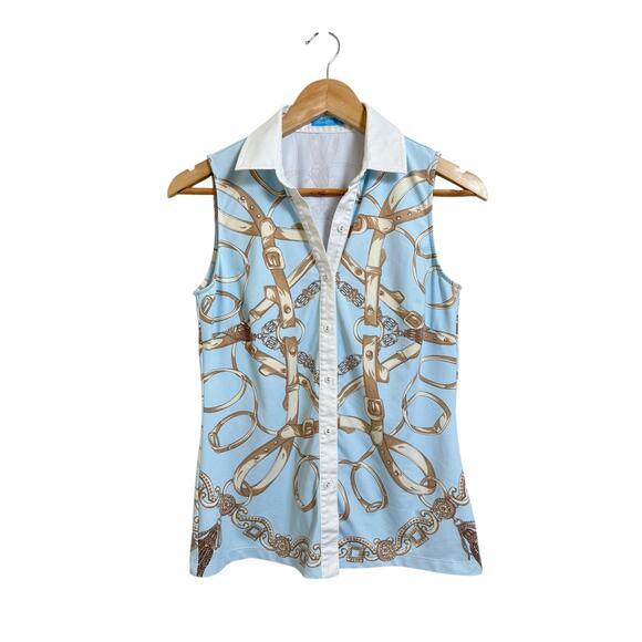 J. McLaughlin Women's Blue Catalina Cloth Buckle Chain Print Sleeveless Blouse S - Picture 1 of 7